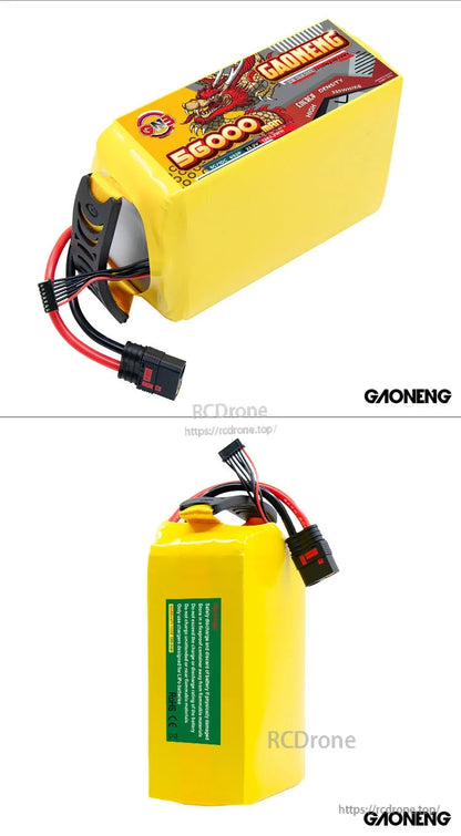Two-angle collage showing top-front label and rear label views of the GAONENG battery pack