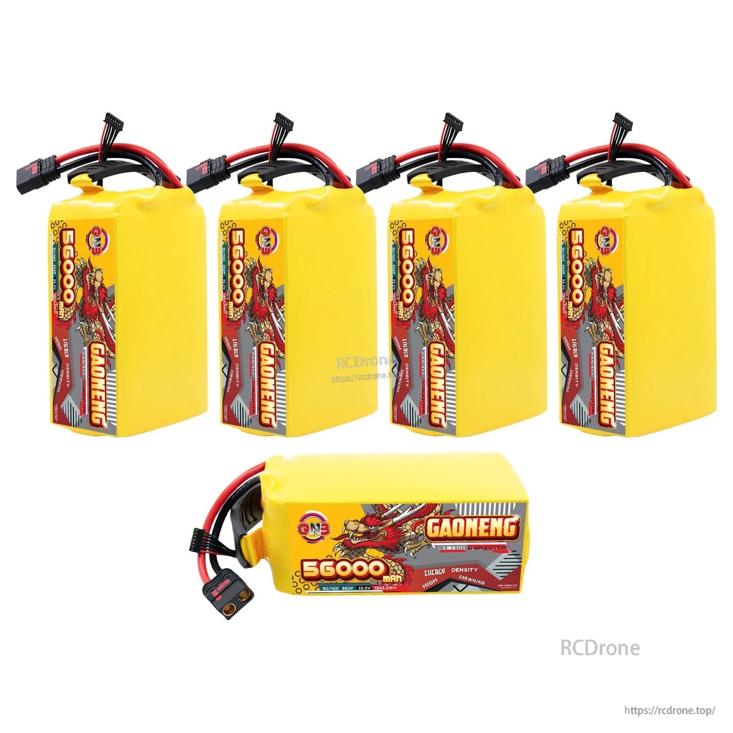 Set view with four upright GAONENG battery packs plus one horizontal pack showing front label