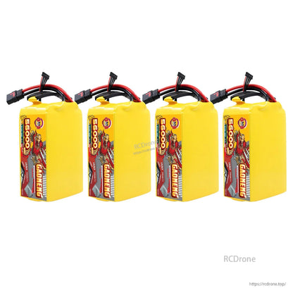 Four GAONENG battery packs shown upright in a row, yellow shrink wrap with side labels