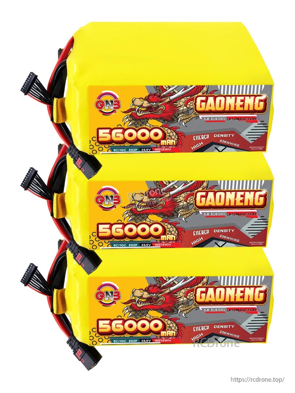 Three GAONENG 56000mAh battery packs stacked horizontally, side label visible