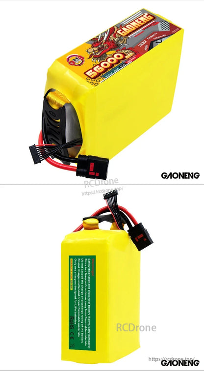 Collage showing front and rear views of GAONENG 56000mAh battery pack with leads