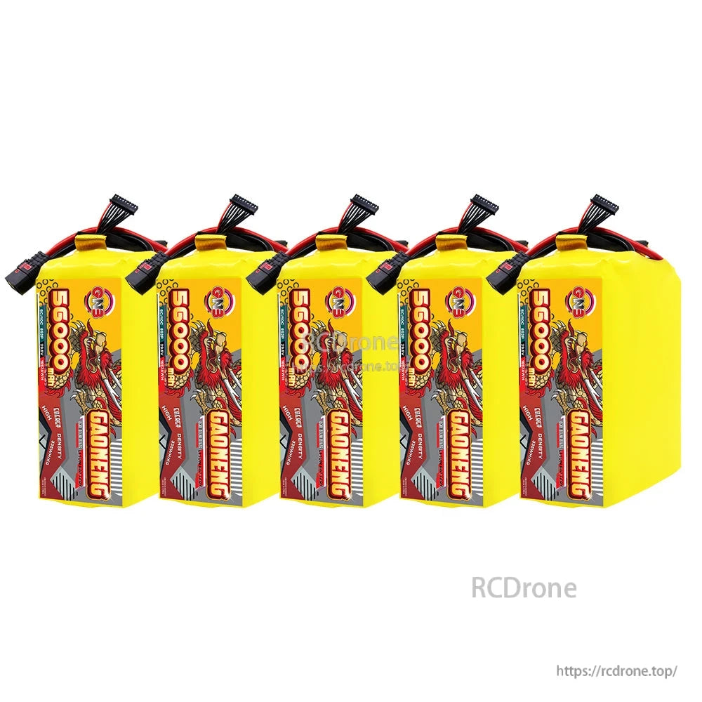 Five GAONENG 56000mAh battery packs in a row, showing consistent size and wiring