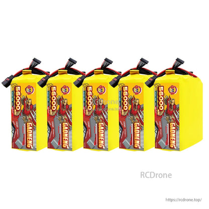 Five GAONENG 56000mAh battery packs in a row, showing consistent size and wiring