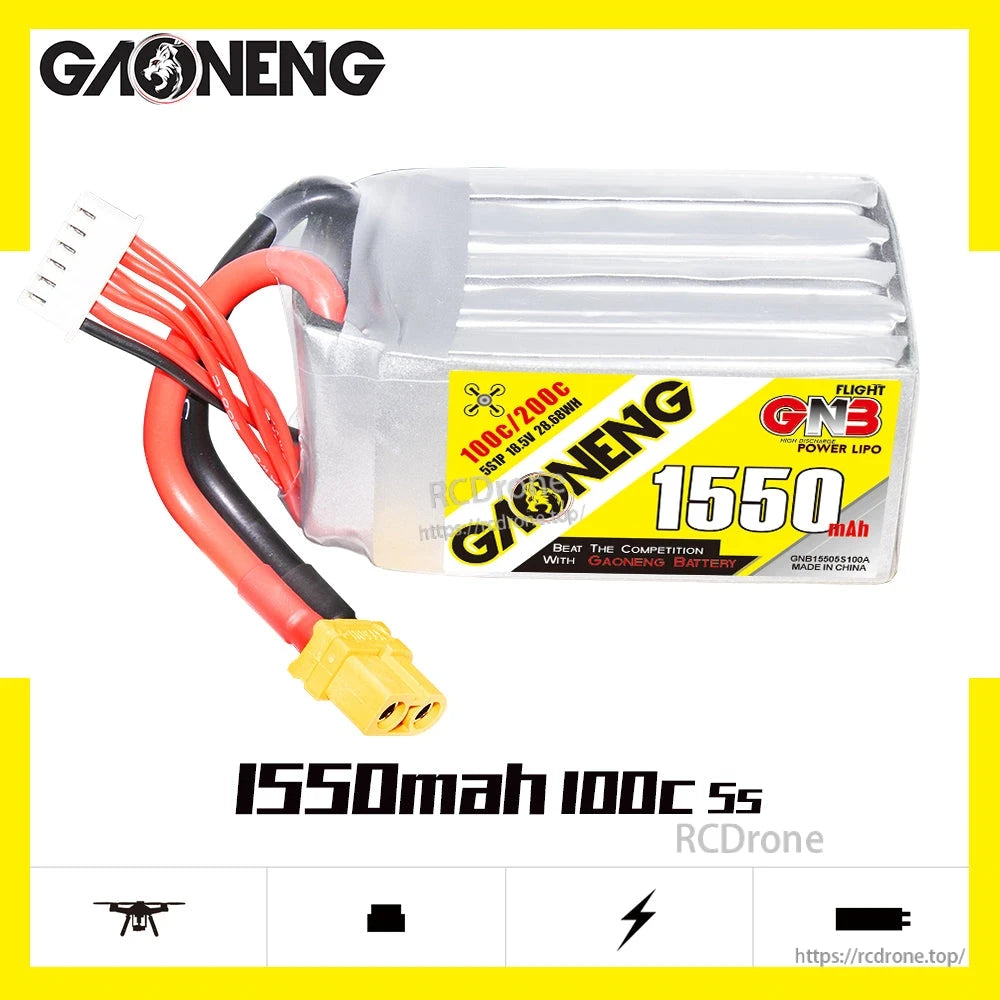 GAONENG GNB 5S 18.5V 1550mAh 100C XT60 LiPo Battery for 5-6 Inch FPV Drone, RC Airplane and Quadcopter