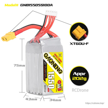 GAONENG GNB 5S 18.5V 1550mAh 100C XT60 LiPo Battery for 5-6 Inch FPV Drone, RC Airplane and Quadcopter