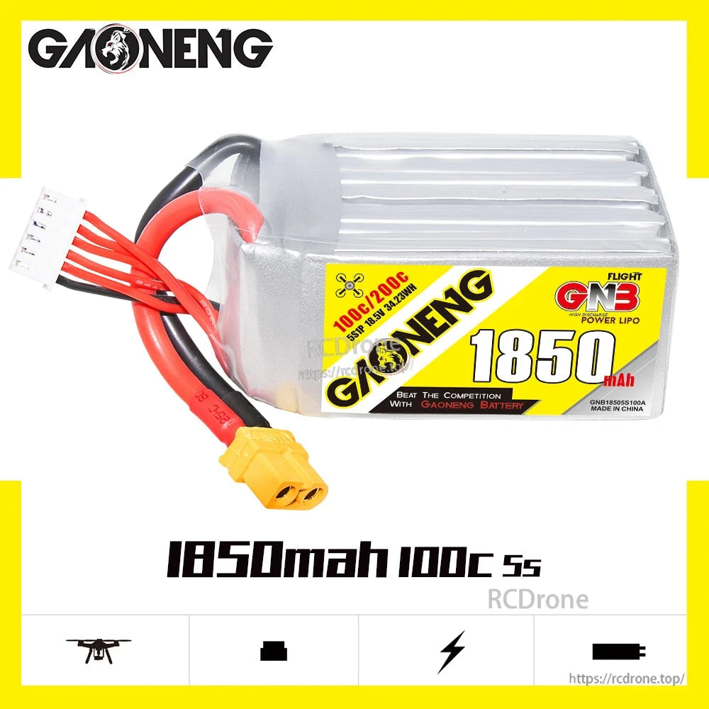 GNB 1850mAh 100C 5S LiPo battery side label view with XT60 plug and balance connector