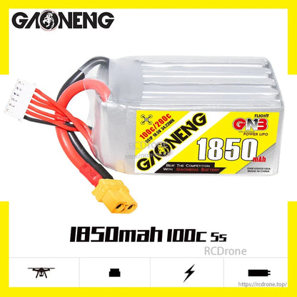 GNB 1850mAh 100C 5S LiPo battery side label view with XT60 plug and balance connector