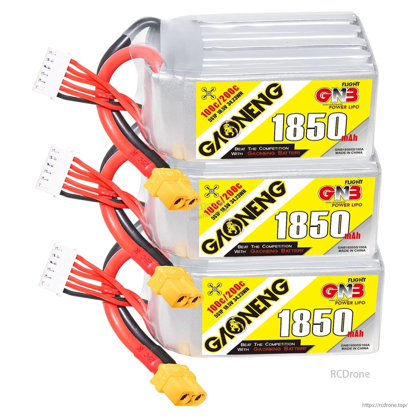 Three GAONENG GNB 1850mAh 5S LiPo batteries stacked with XT60 connectors visible