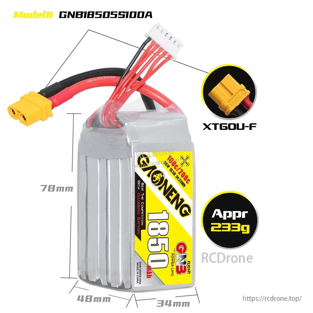 GAONENG GNB 1850mAh 5S battery dimensions graphic with XT60U-F connector detail