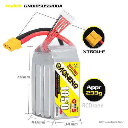 GAONENG GNB 1850mAh 5S battery dimensions graphic with XT60U-F connector detail