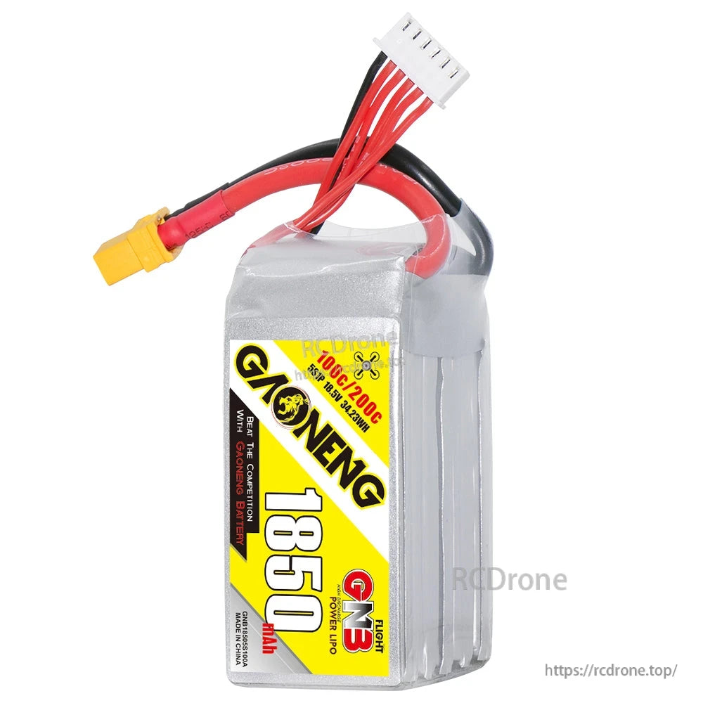 GNB 1850mAh 5S LiPo battery upright front view with XT60 connector and balance lead