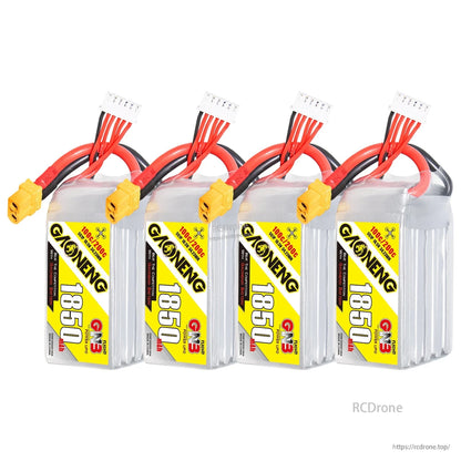 Four GNB 1850mAh 5S LiPo batteries lined up with front labels visible
