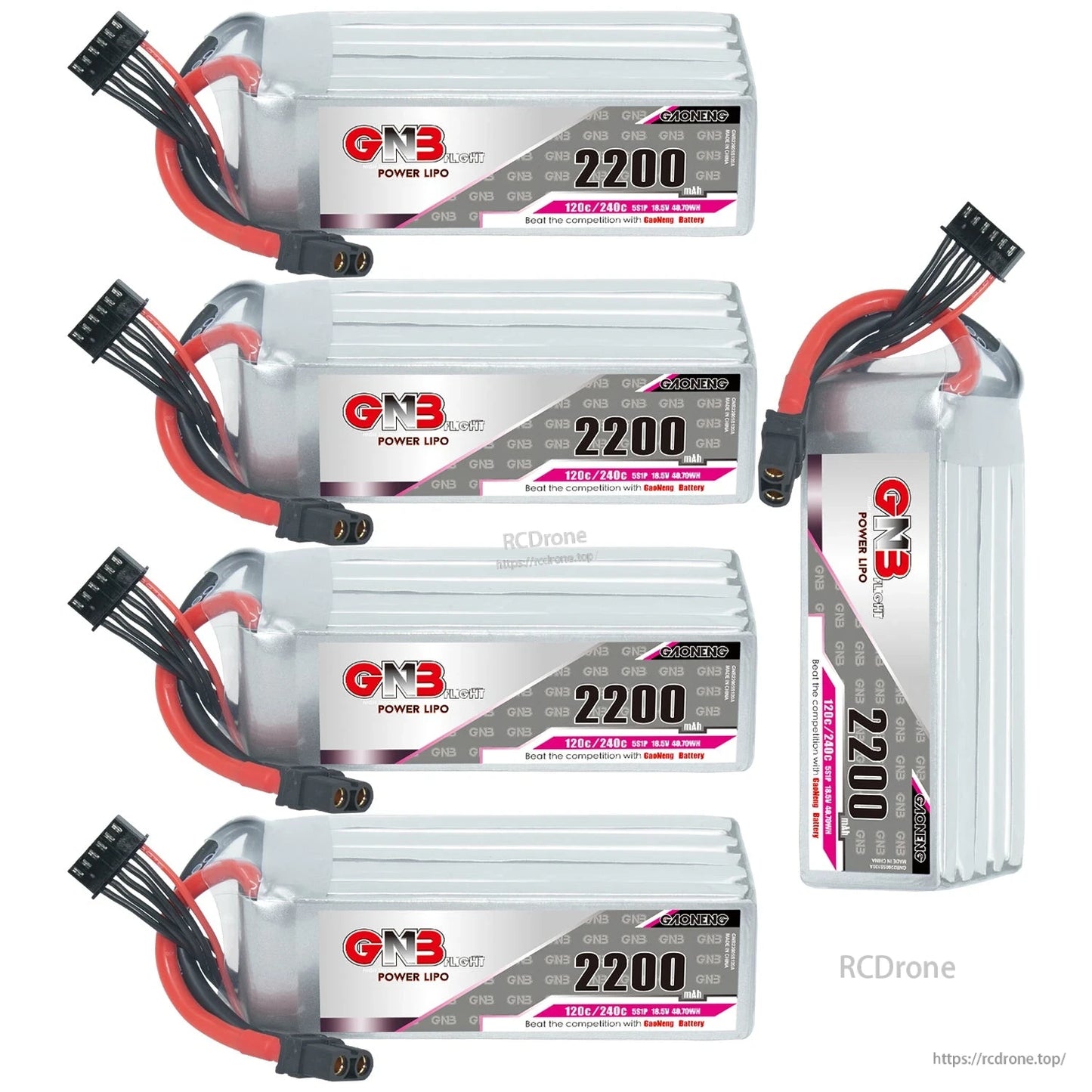 Five GNB 2200mAh LiPo batteries shown in mixed horizontal and upright views