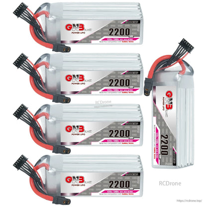 Five GNB 2200mAh LiPo batteries shown in mixed horizontal and upright views