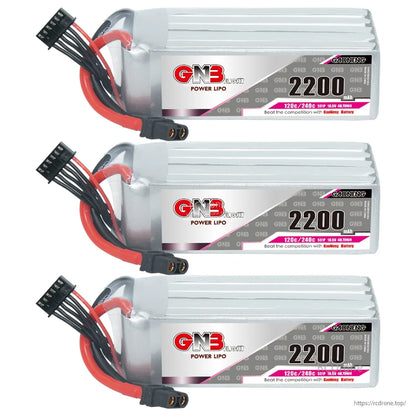Three GNB 2200mAh LiPo batteries side by side with XT60 connectors