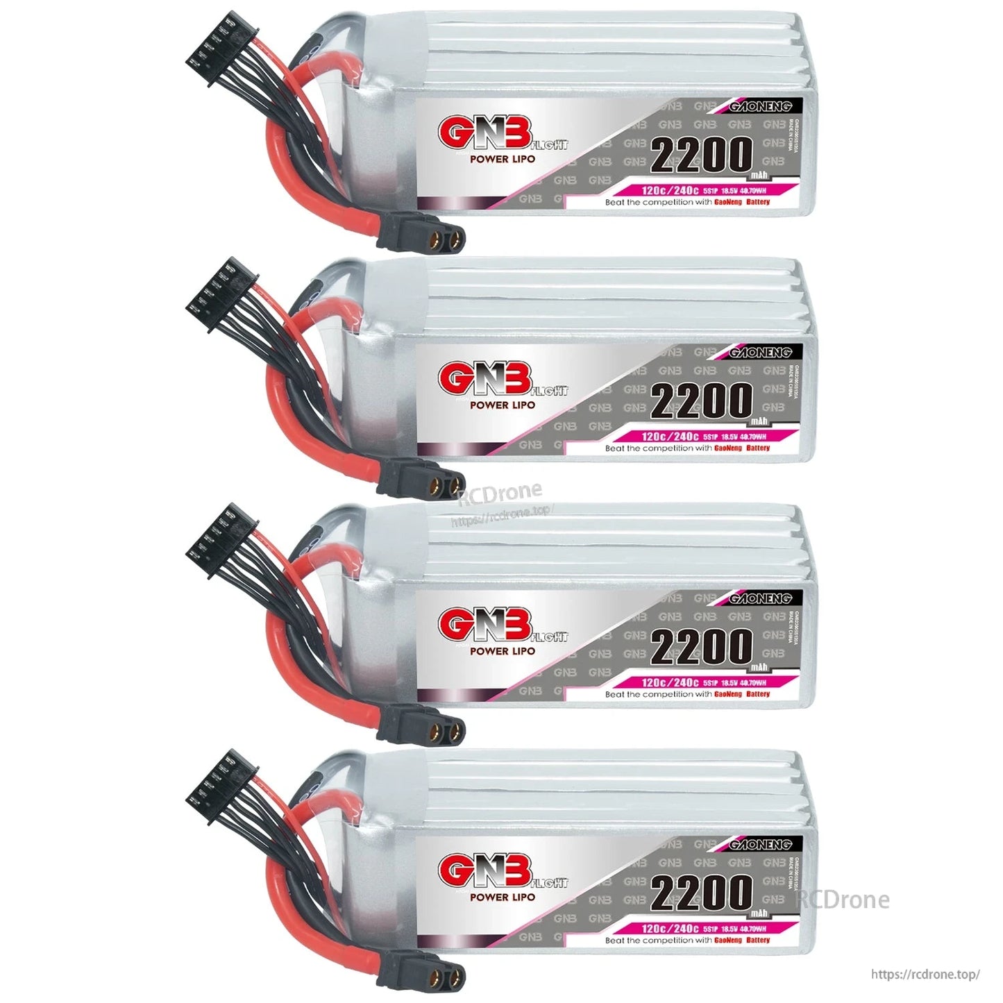 Four GNB 2200mAh LiPo batteries stacked in horizontal product lineup