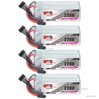 Four GNB 2200mAh LiPo batteries stacked in horizontal product lineup