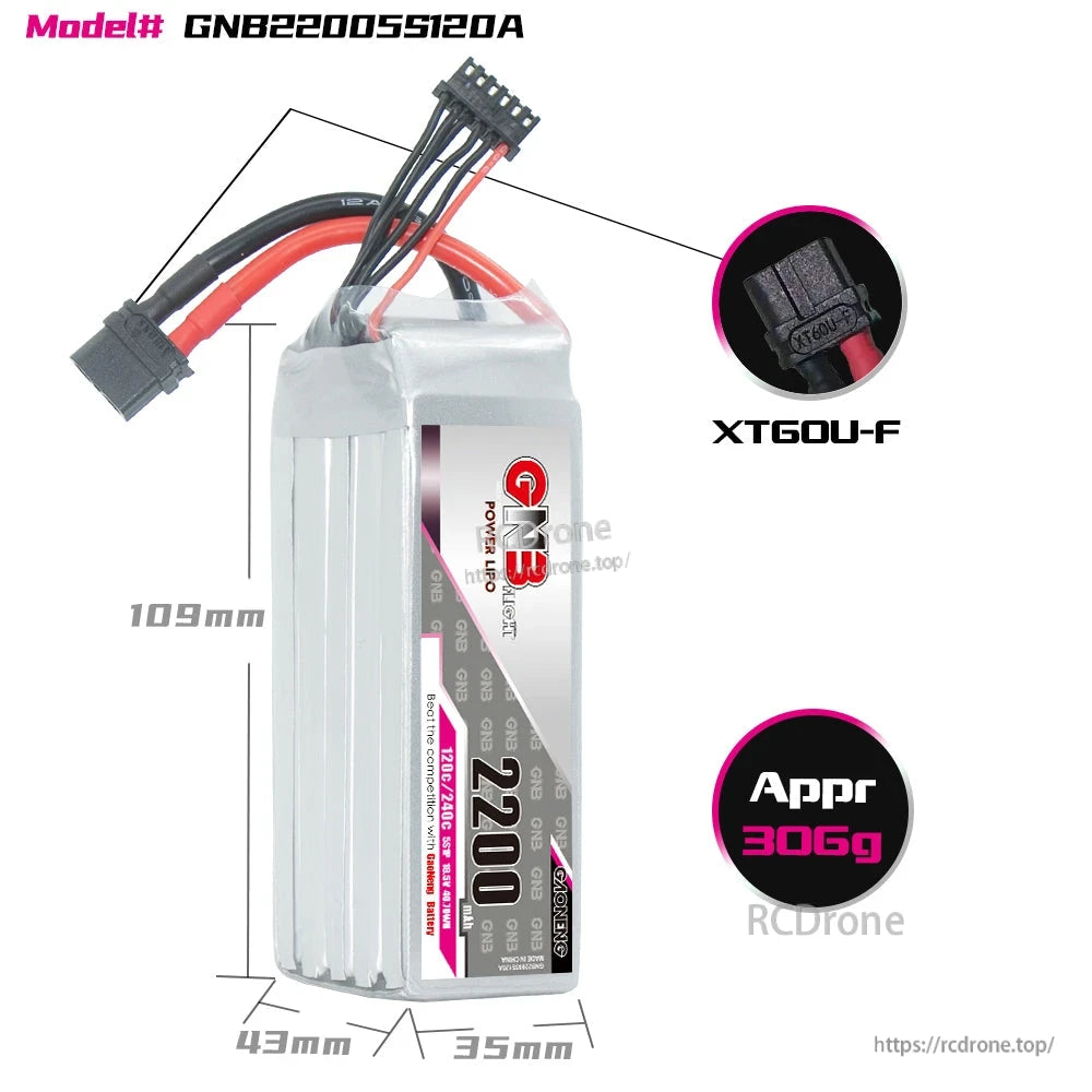 Battery dimensions graphic with XT60U-F connector close-up and 306g weight
