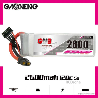 GAONENG GNB 5S 2600mAh 120C RC LiPo battery side profile with connector leads