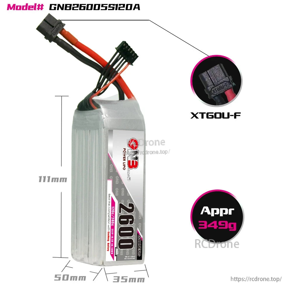 GNB 2600mAh 5S battery dimensions and XT60U-F connector detail graphic