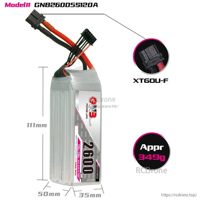 GNB 2600mAh 5S battery dimensions and XT60U-F connector detail graphic