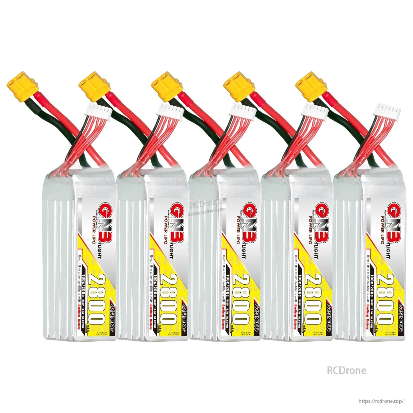 Five GAONENG GNB 2800mAh 5S LiPo batteries grouped together in a bulk set