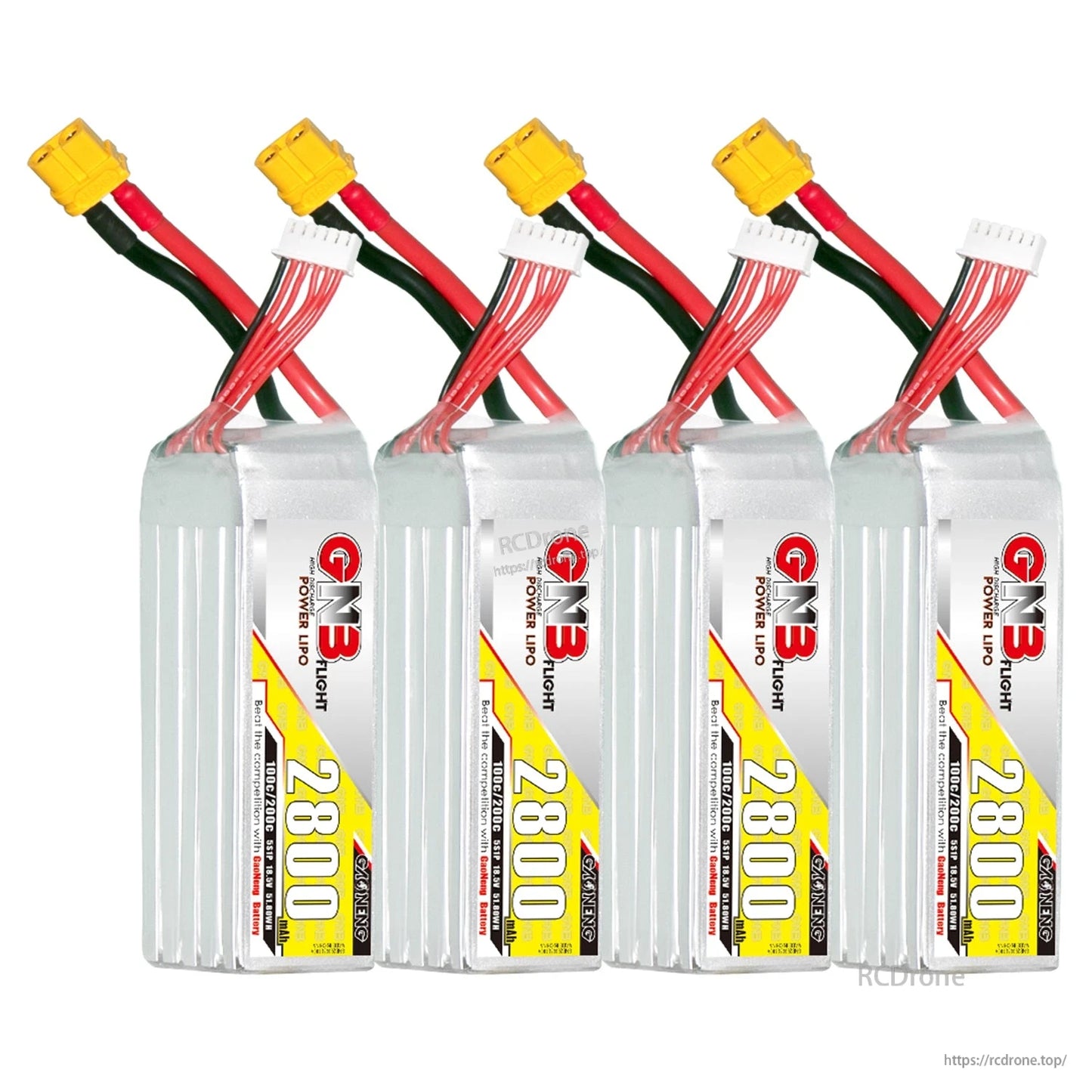 Four GAONENG GNB 2800mAh 5S LiPo batteries grouped together with balance leads