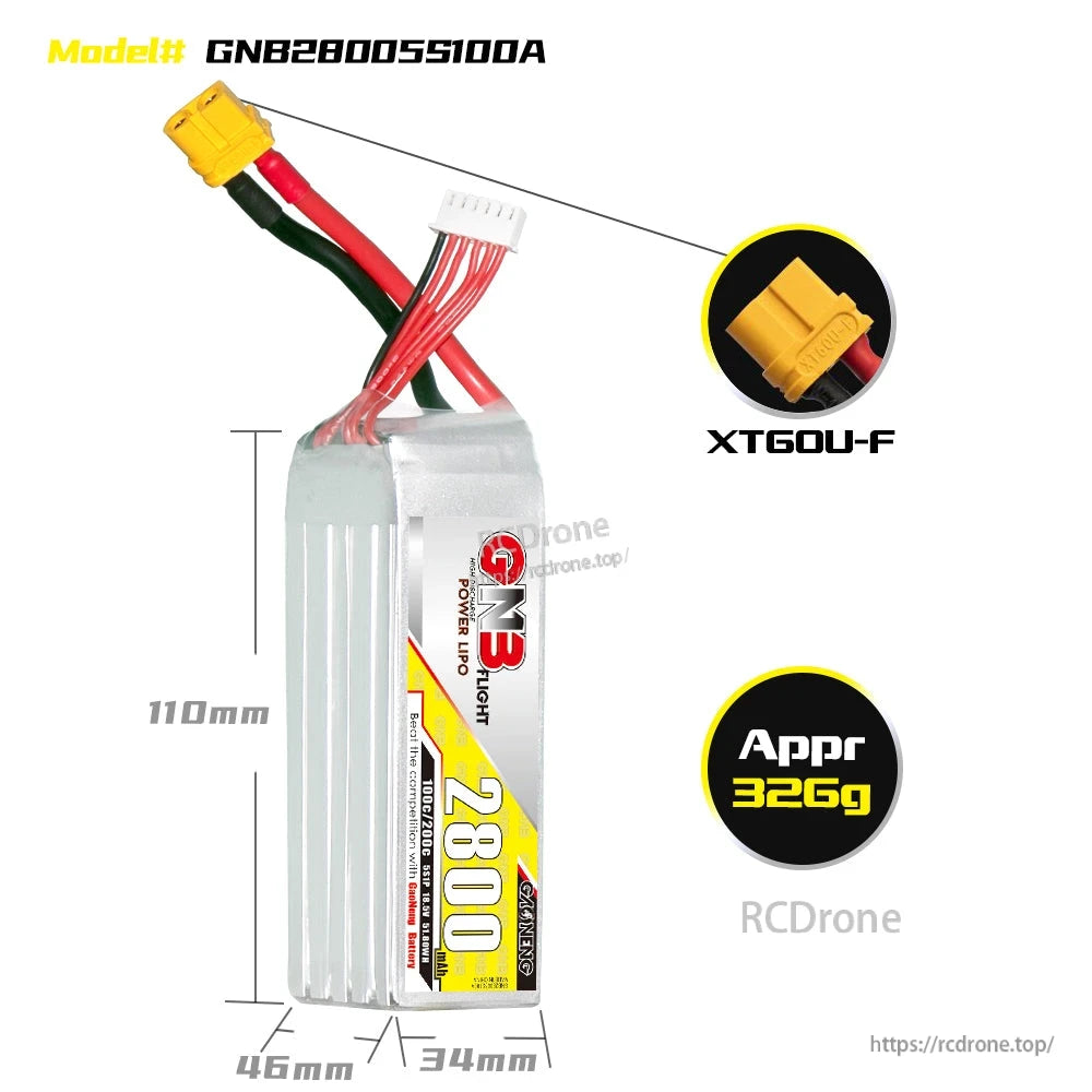 GAONENG GNB 5S 2800mAh LiPo battery size graphic with XT60U-F connector and approximate 326g weight