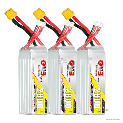 Three GAONENG GNB 2800mAh 5S LiPo batteries grouped together with XT60 connectors