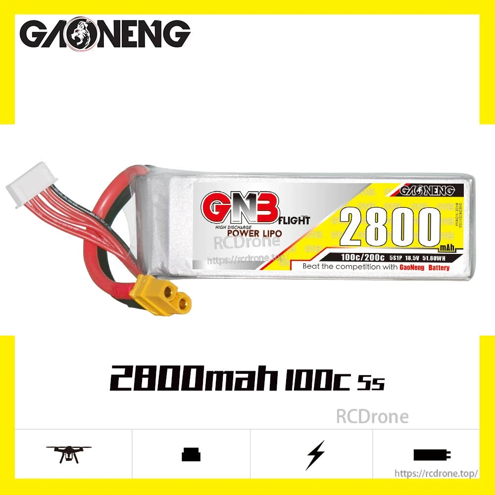 GAONENG GNB 2800mAh 5S LiPo battery front label view with XT60 connector and balance lead