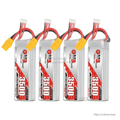 Four GNB 3500mAh LiPo batteries lined up with XT90 connectors and balance leads