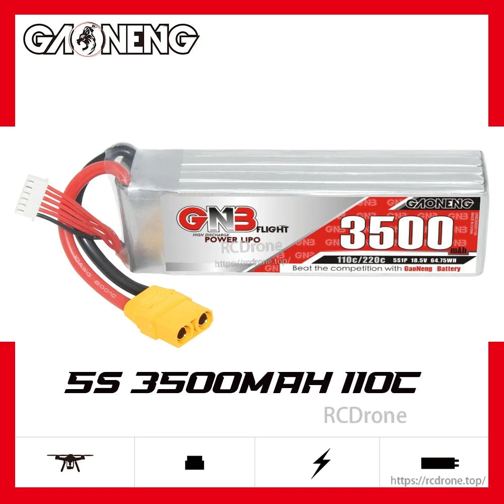 GAONENG GNB 5S 18.5V 3500mAh 110C LiPo Battery banner graphic with side view and specs text