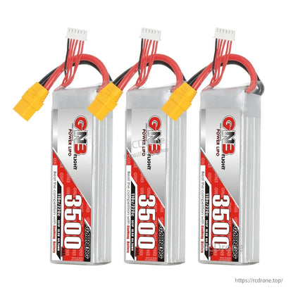 Three GNB 3500mAh LiPo batteries grouped together, each with XT90 connector and balance plug