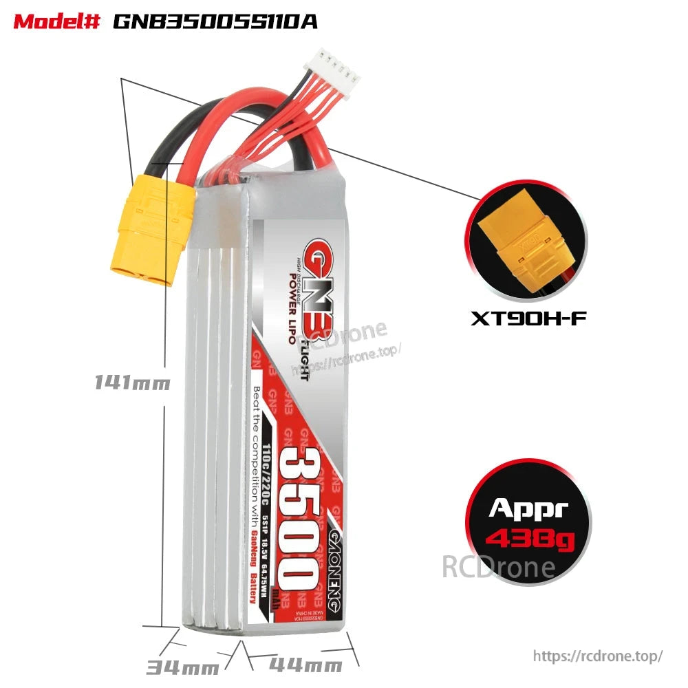 GNB35005S110A LiPo battery size chart: 141mm length, 44x34mm, XT90H-F connector, approx 438g