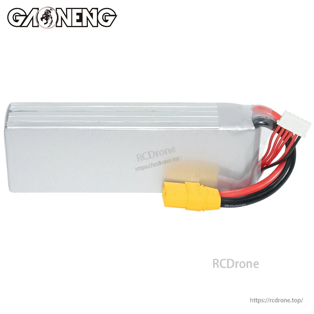 Rear side view of silver hardcase-style battery with XT90 connector and balance lead