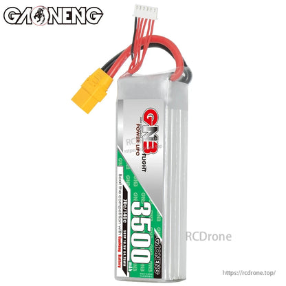 GAONENG GNB 5S battery upright side view with XT90 connector and balance lead