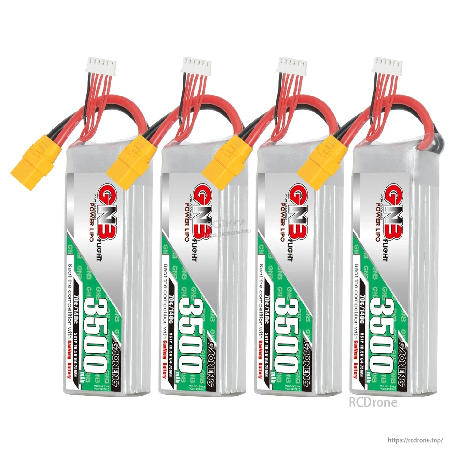 Four GAONENG GNB 3500mAh LiPo batteries lined up with balance leads