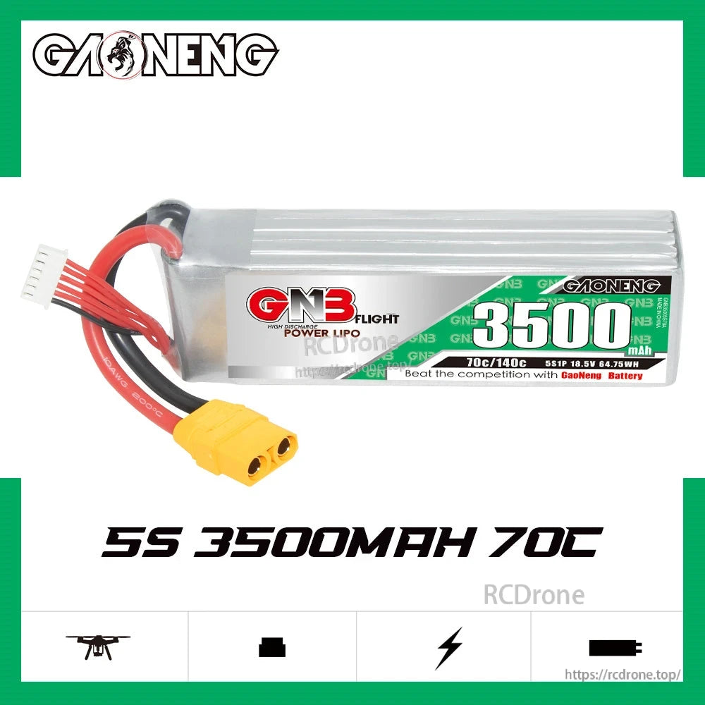 GAONENG GNB 5S 3500mAh 70C LiPo battery front label view with XT90 connector