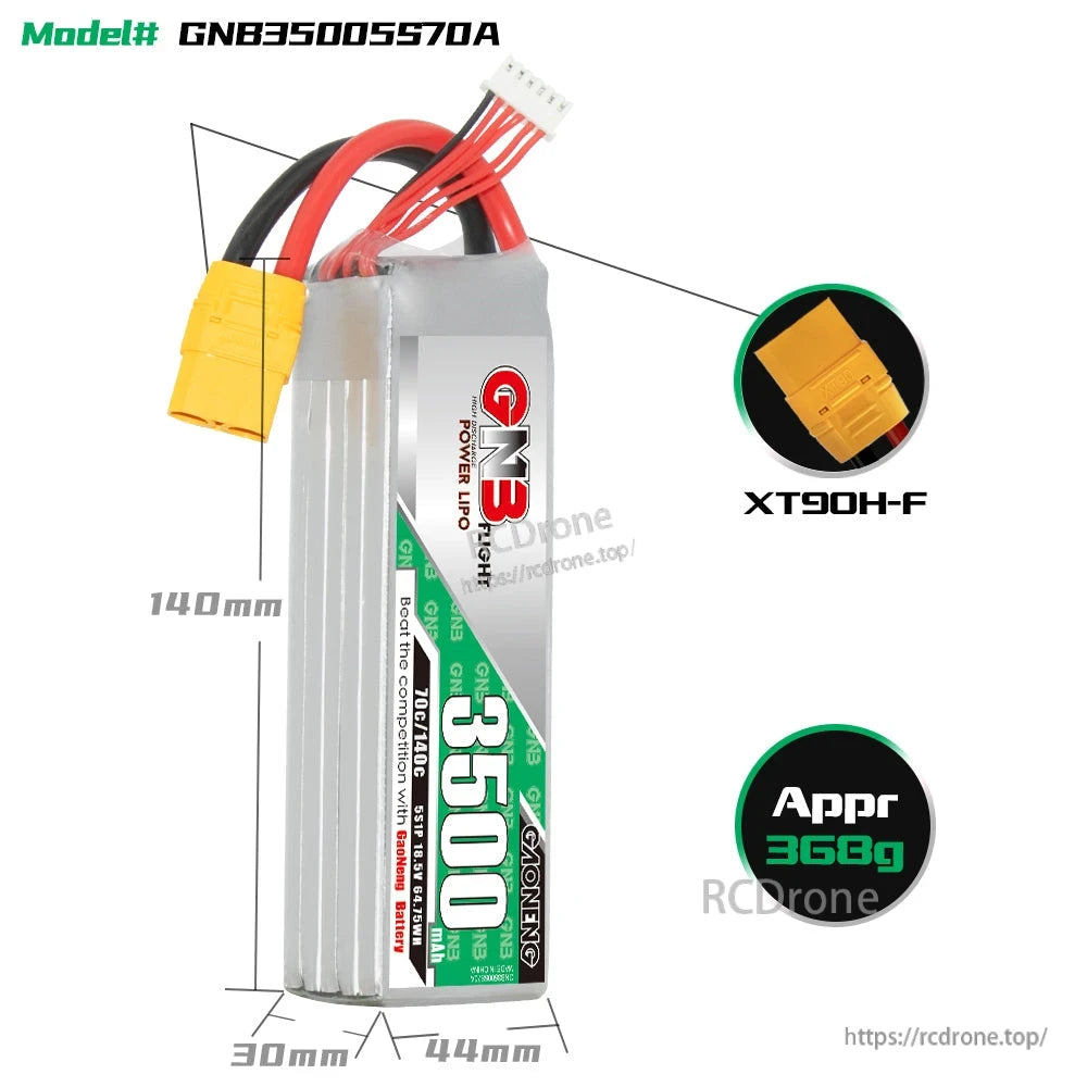 Battery size chart showing 140 x 44 x 30 mm dimensions, XT90H-F plug, and approximate 366 g weight