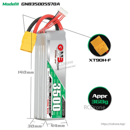 Battery size chart showing 140 x 44 x 30 mm dimensions, XT90H-F plug, and approximate 366 g weight