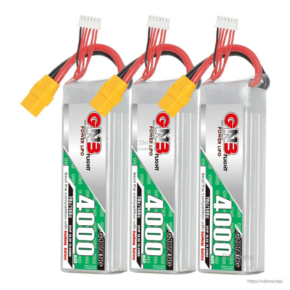 Three GNB 5S 4000mAh 70C LiPo batteries upright with XT90 connectors