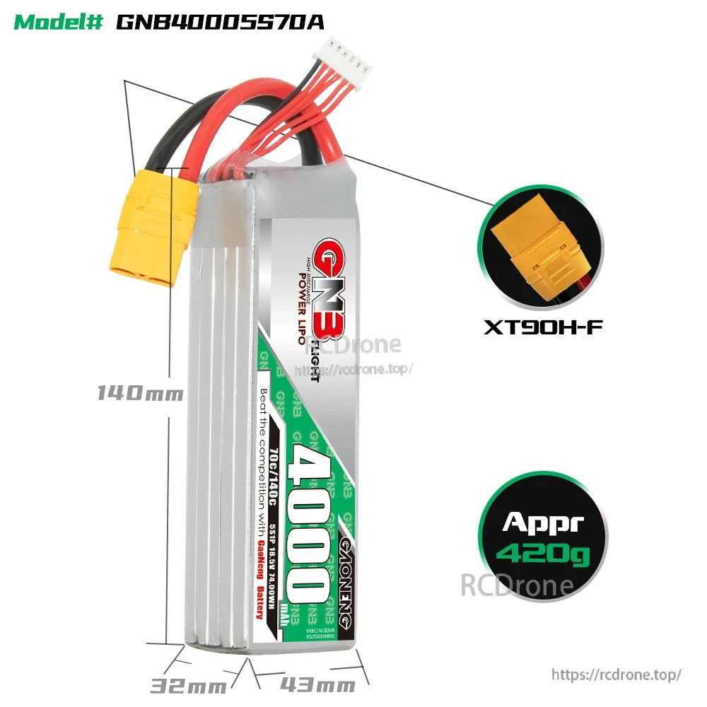 Battery dimensions and XT90H-F connector detail for GNB 5S 4000mAh 70C LiPo battery