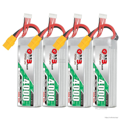 Four GNB 5S 4000mAh 70C LiPo batteries shown side by side
