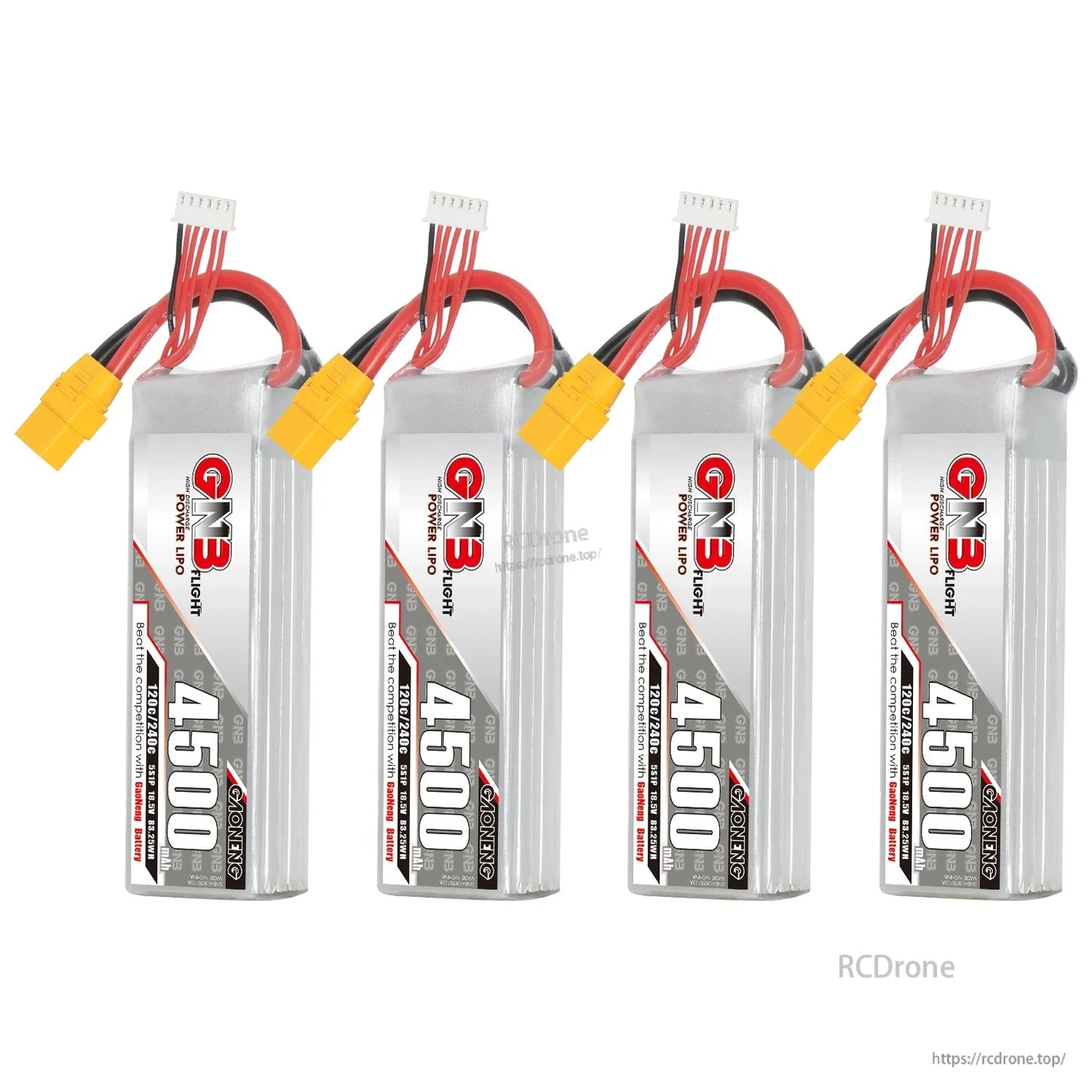 Four GNB 4500mAh LiPo batteries lined up, each with yellow XT90 connector