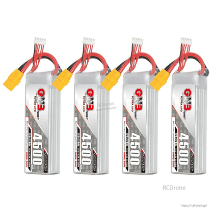 Four GNB 4500mAh LiPo batteries lined up, each with yellow XT90 connector
