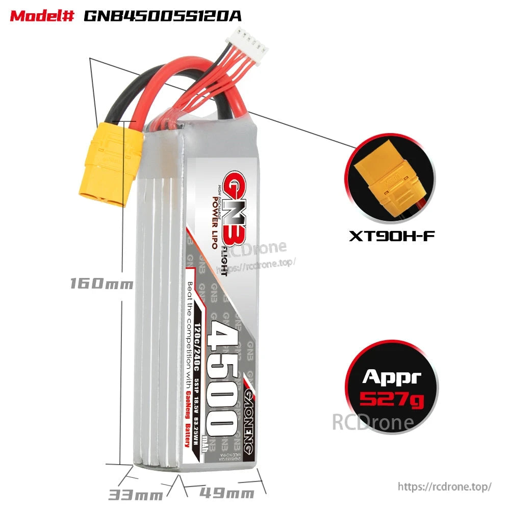 GNB4500S5S120A battery size diagram 160mm length, 33x49mm, XT90H-F, approx 527g