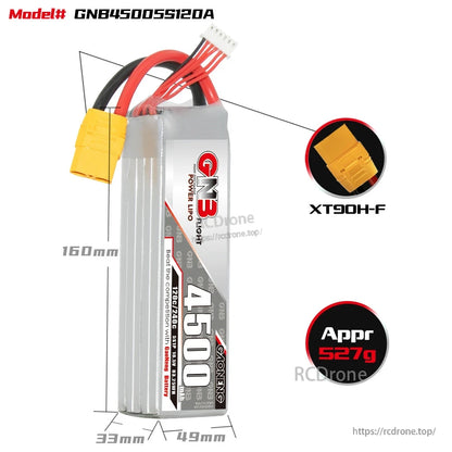 GNB4500S5S120A battery size diagram 160mm length, 33x49mm, XT90H-F, approx 527g