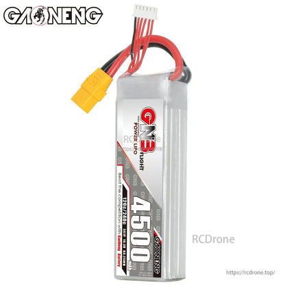 Front label view of GNB 4500mAh LiPo pack with wires and XT90 connector on top