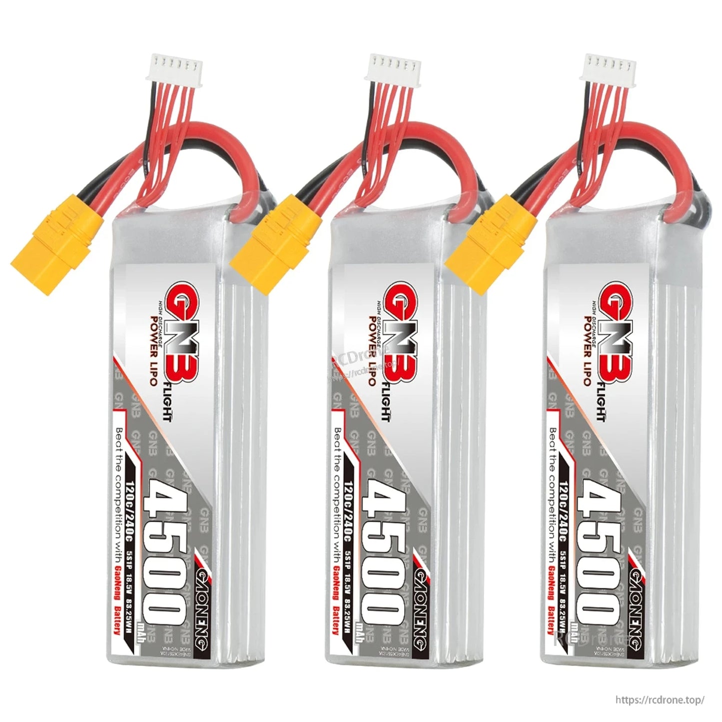Three GNB 4500mAh LiPo batteries shown upright with XT90 connectors and balance leads