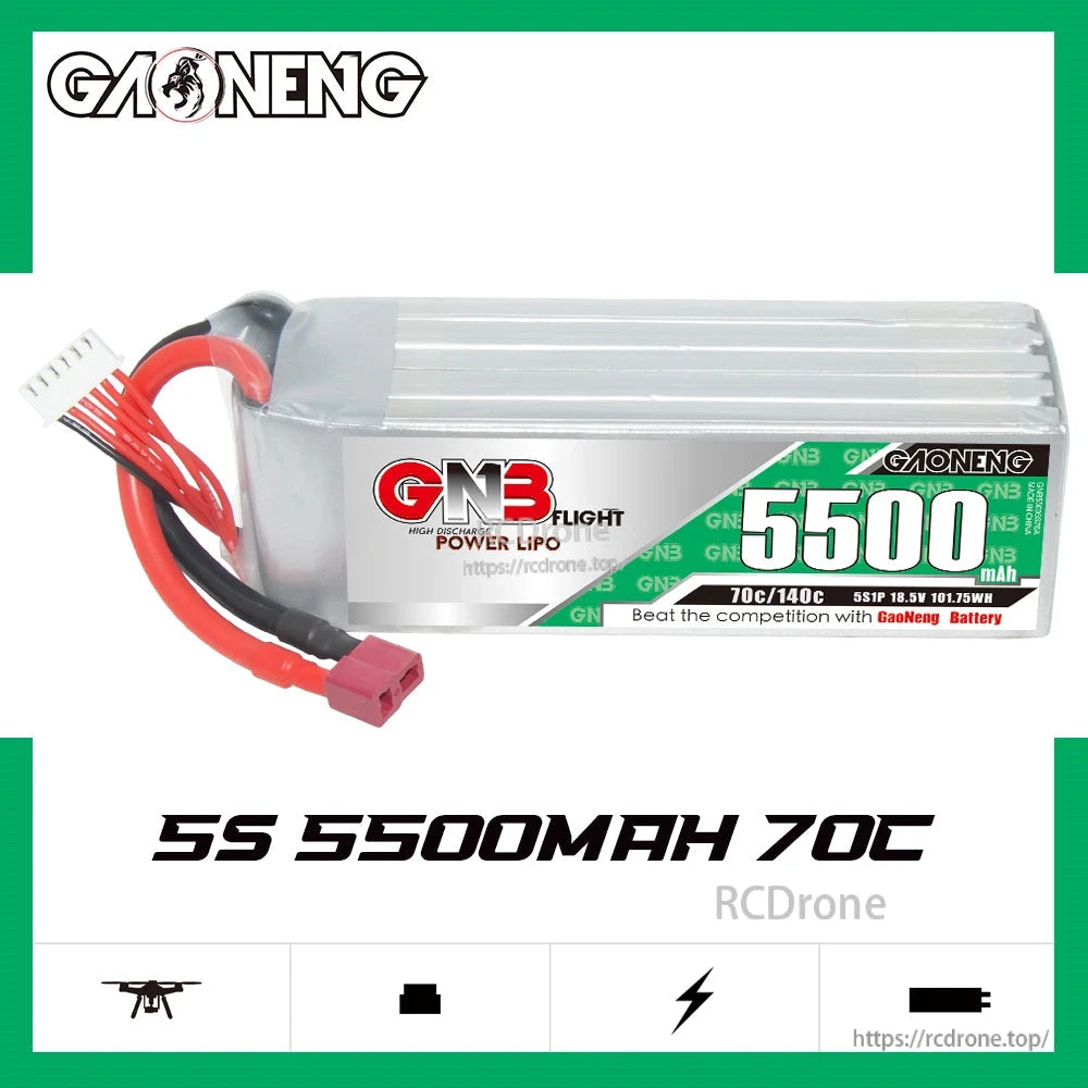 GAONENG GNB 5S 5500mAh 70C battery front label view with T-plug connector and balance lead
